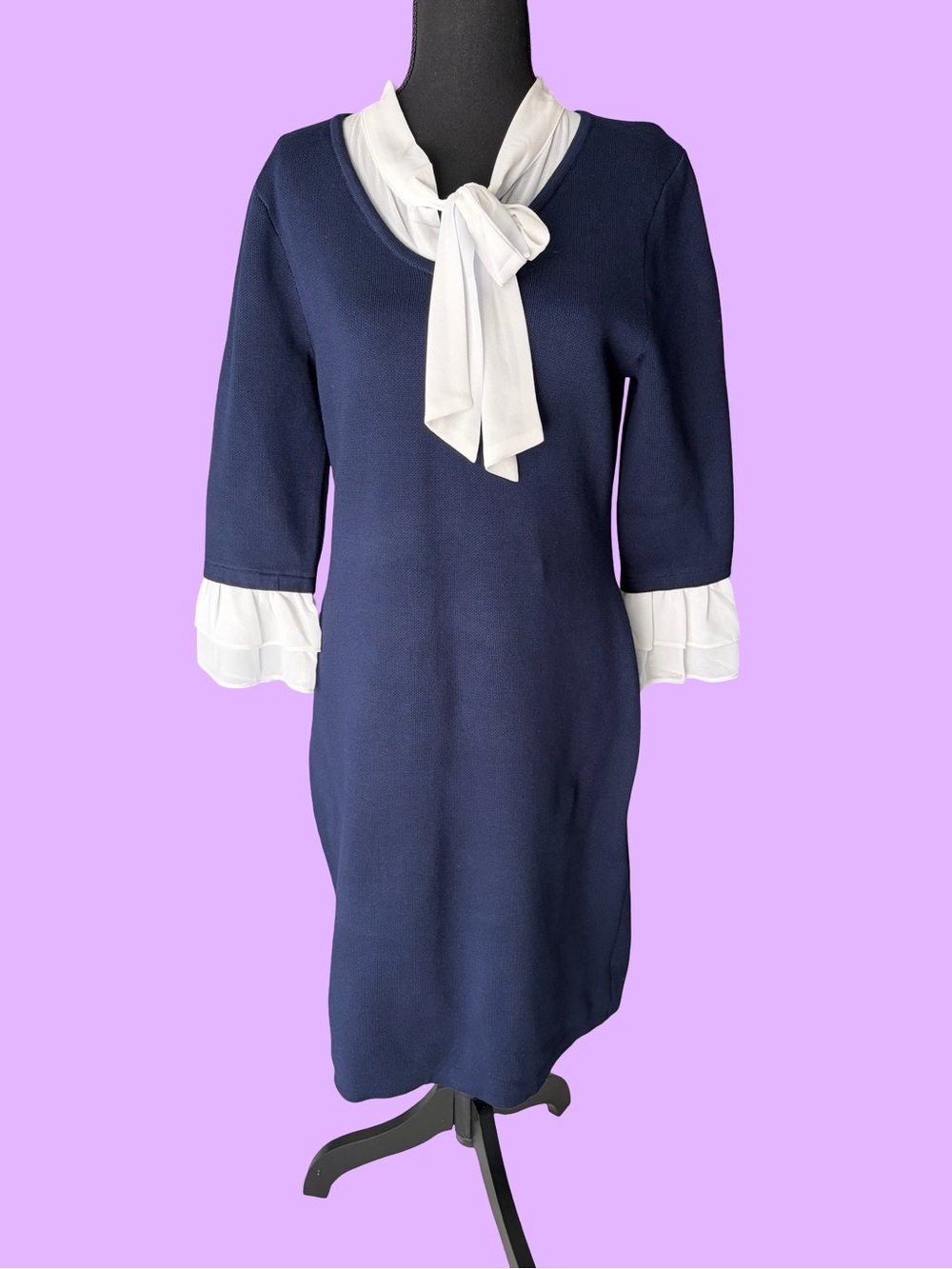 Nina Leonard Navy Dress with White Tie-Neck and Ruffle Cuffs